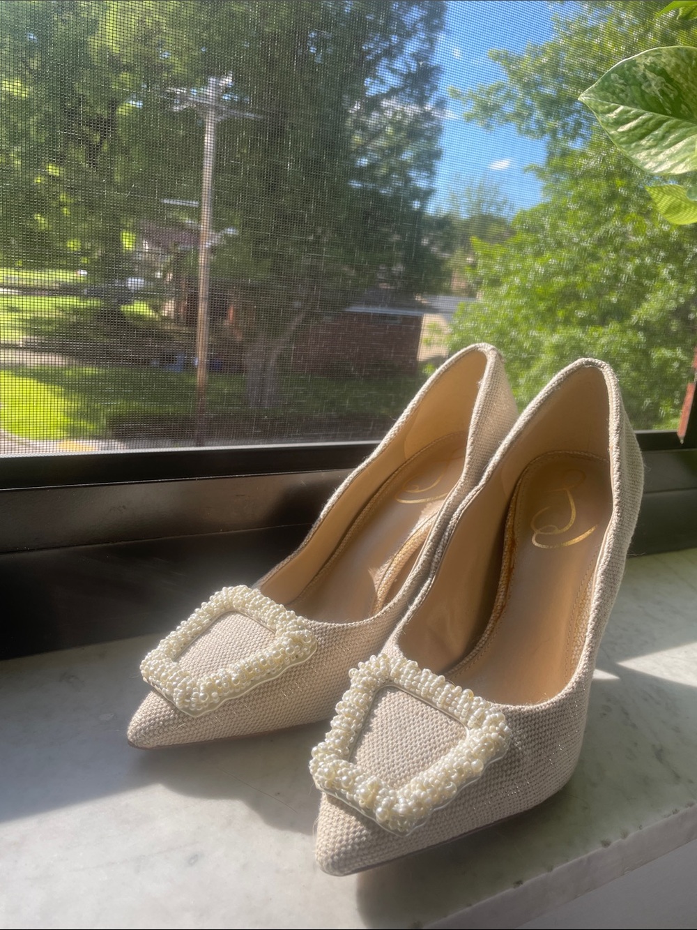 Sam Edelman Cream Pointed-Toe Pumps with Pearl Buckle